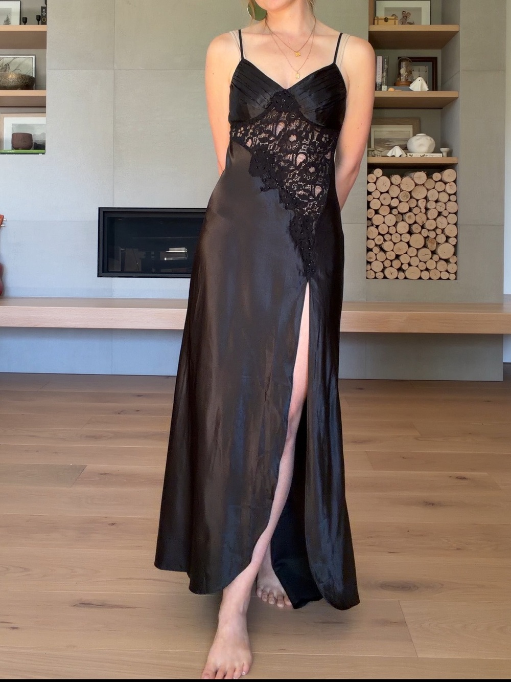La vie en rose Lace-Accent Black Satin Slip Dress with Thigh Slit small